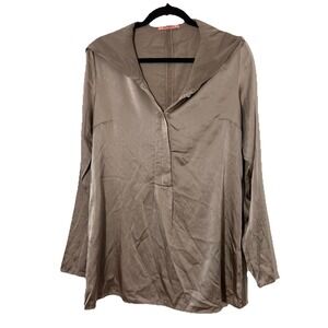 Tandem Silk Hooded Tunic Blouse Size 40 Taupe Satiny Layering Luxurious Italy